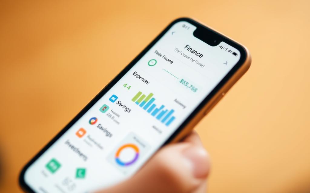 A close-up view of a mobile device's screen, displaying a visually engaging and user-friendly finance application. The app's interface features clean typography, intuitive icons, and colorful graphs or charts that provide a clear overview of personal financial data such as income, expenses, savings, and investments. The screen is illuminated by a warm, diffused lighting that creates a sense of clarity and focus, drawing the viewer's attention to the app's core functionality. The device is held in a natural, hand-held position, suggesting the app's accessibility and ease of use in everyday financial management tasks.