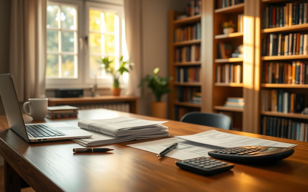 A cozy home office with a neatly organized desk, featuring a laptop, a stack of documents, a pen, and a calculator. Warm, natural lighting filters through the window, casting a soft glow on the scene. In the background, bookshelves line the walls, hinting at a wealth of financial knowledge. The overall atmosphere exudes a sense of calm control and thoughtful financial management.