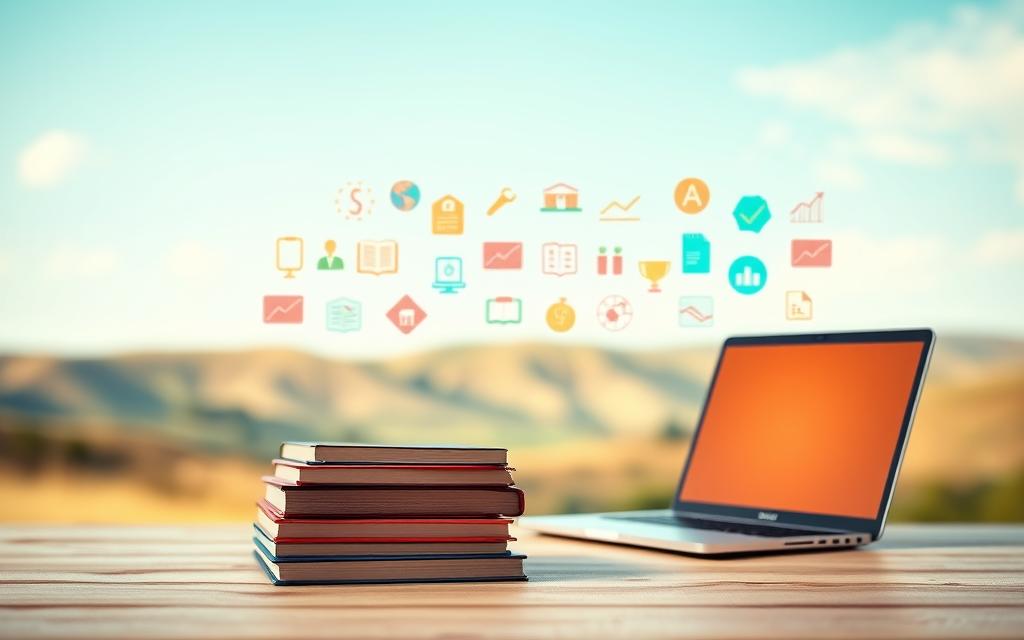 A crisp, clean image of free online courses with a warm, inviting atmosphere. In the foreground, a stack of textbooks and a laptop with a warm glow on a simple wooden table. The middle ground features a variety of colorful icons and illustrations representing different subjects and disciplines, conveying the breadth of available courses. The background showcases a blurred, idyllic landscape with rolling hills and a clear blue sky, suggesting the boundless opportunities these free online courses can provide. Soft, diffused lighting illuminates the scene, creating a sense of openness and accessibility. The overall composition and aesthetic evoke a feeling of educational empowerment and personal growth.