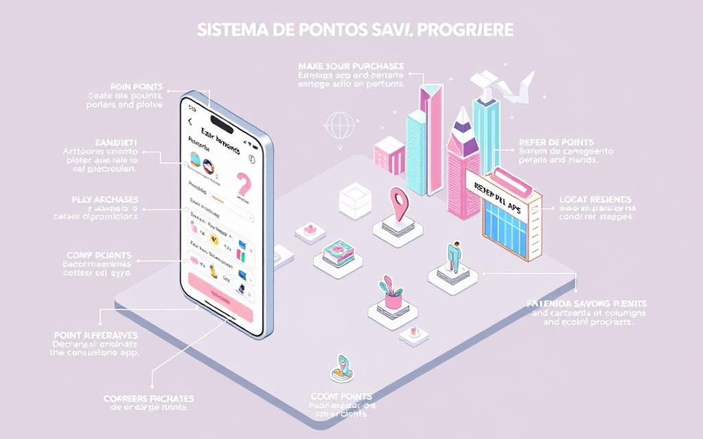 A detailed, isometric illustration of the "Sistema de Pontos Shein" program, showcasing its key features and mechanics. The foreground displays a clean, minimalist interface with various interactive icons and buttons, allowing users to track their point accrual, redeem rewards, and manage their account. The middle ground features stylized icons and graphics representing the different ways to earn points, such as making purchases, engaging with the app, or referring friends. The background depicts a vibrant, futuristic cityscape, symbolizing the global reach and accessibility of the Shein platform. The overall composition conveys a sense of simplicity, functionality, and user-friendly design, reflecting the program's goal of enabling seamless savings and rewards for Shein customers.