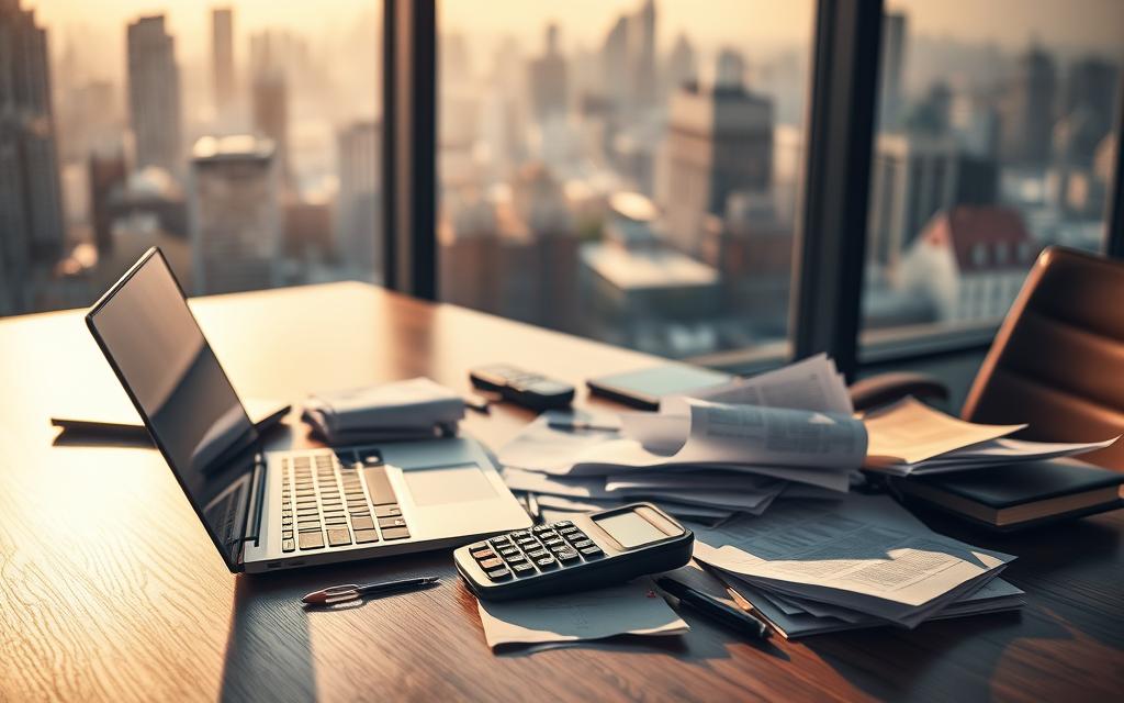 A modern office desk with a laptop, calculator, and documents strewn about, representing the chaos of financial errors. The background is a blurred cityscape, symbolizing the larger economic landscape. Warm, directional lighting casts dramatic shadows, conveying the gravity of the situation. The overall mood is one of concern and contemplation, inviting the viewer to consider the implications of poor financial management. The composition is balanced, with the desk elements in the foreground and the cityscape in the distance, creating a sense of depth and scale.