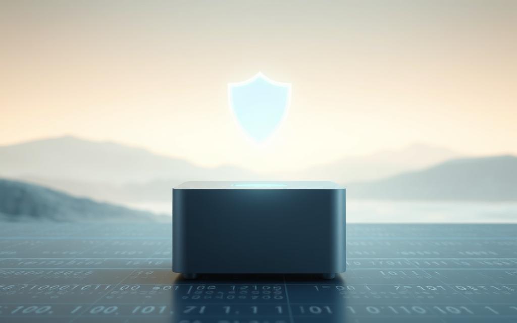 A serene digital landscape with a central data shield icon, symbolizing digital security. Soft, diffused lighting from above creates a contemplative atmosphere. In the background, subtly rendered binary code cascades, representing the flow of digital information. The foreground features a sleek, minimalist data storage device, conveying the concept of secure data protection. Rendered in a muted, pastel color palette to evoke a sense of trust and reliability. Camera angle slightly elevated to provide an authoritative, trustworthy perspective on the scene.
