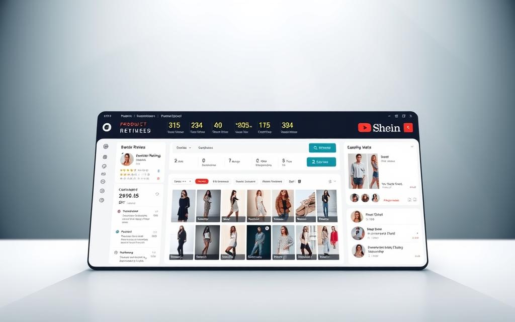 A sleek and modern product review interface, showcasing Shein's comprehensive evaluation system. In the foreground, a well-designed dashboard displays product ratings, customer feedback, and analytical insights, all rendered in a clean, minimalist aesthetic. The middle ground features a dynamic grid of product thumbnails, inviting the user to explore the evaluation process in detail. The background is a soft, blurred gradient, lending a sense of depth and focus to the central interface. Soft, diffused lighting emanates from behind, creating a professional, high-tech ambiance. The overall composition conveys a seamless, user-friendly experience for Shein customers to engage with the brand's unique evaluation system.