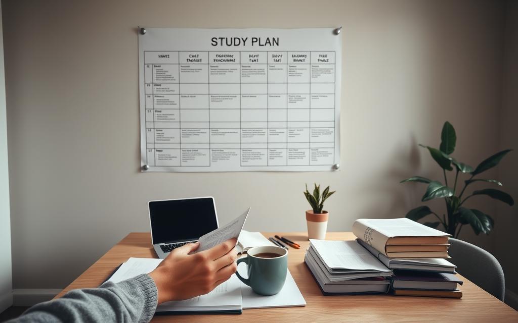 A strategic study plan hangs on the wall, its neat columns and rows illuminated by soft, natural lighting. In the foreground, a person's hands carefully organize notes and textbooks, preparing for a focused learning session. The middle ground features a minimalist desk with a laptop, a mug of coffee, and a potted plant, creating a calm, productive atmosphere. In the background, a window overlooks a serene outdoor scene, suggesting a sense of balance and perspective. The overall mood conveys a thoughtful, intentional approach to academic success.