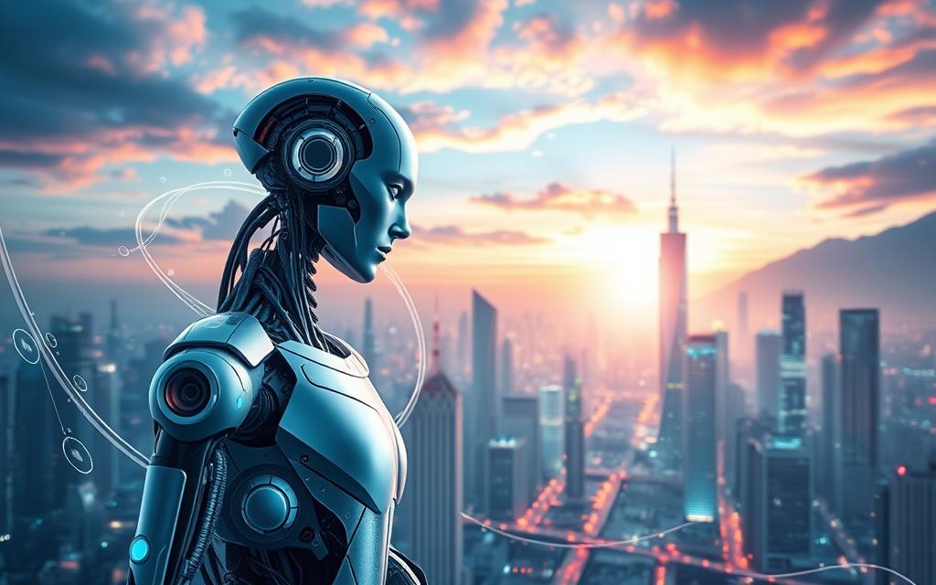 A stunning visual representation of the technological revolution driven by artificial intelligence. In the foreground, a sleek, futuristic android stands tall, its mechanical features gleaming under a soft, diffused light. Swirling energy fields and data streams emanate from the android, symbolizing the powerful processing capabilities of AI. In the middle ground, a dazzling cityscape of towering skyscrapers and advanced infrastructure reflects the transformative impact of this new technological era. The background is dominated by a vibrant, colorful sky, hinting at the boundless possibilities and the sense of awe and wonder that the AI revolution inspires. The overall mood is one of progress, innovation, and the triumphant march of human ingenuity.