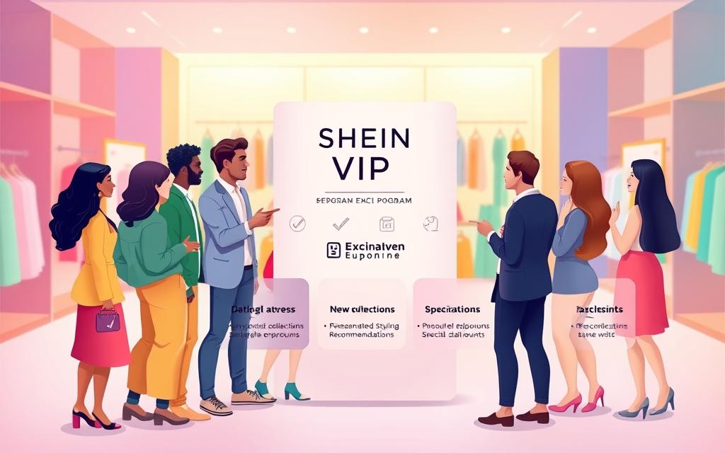 A vibrant and informative illustration showcasing the key features of the Shein VIP Program. In the foreground, a group of diverse, stylishly dressed individuals engage in a friendly discussion, gesturing towards a sleek, minimalist display that highlights the program's benefits. The middle ground features a clean, modern interface with clear icons and text outlining the exclusive perks, such as early access to new collections, personalized styling recommendations, and special discounts. The background depicts a vibrant, on-trend retail environment, conveying the premium, fashion-forward nature of the Shein brand. Soft, diffused lighting creates a warm, inviting atmosphere, while a shallow depth of field keeps the focus on the central elements. The overall composition is visually striking, informative, and aligned with the Shein brand's aesthetic.