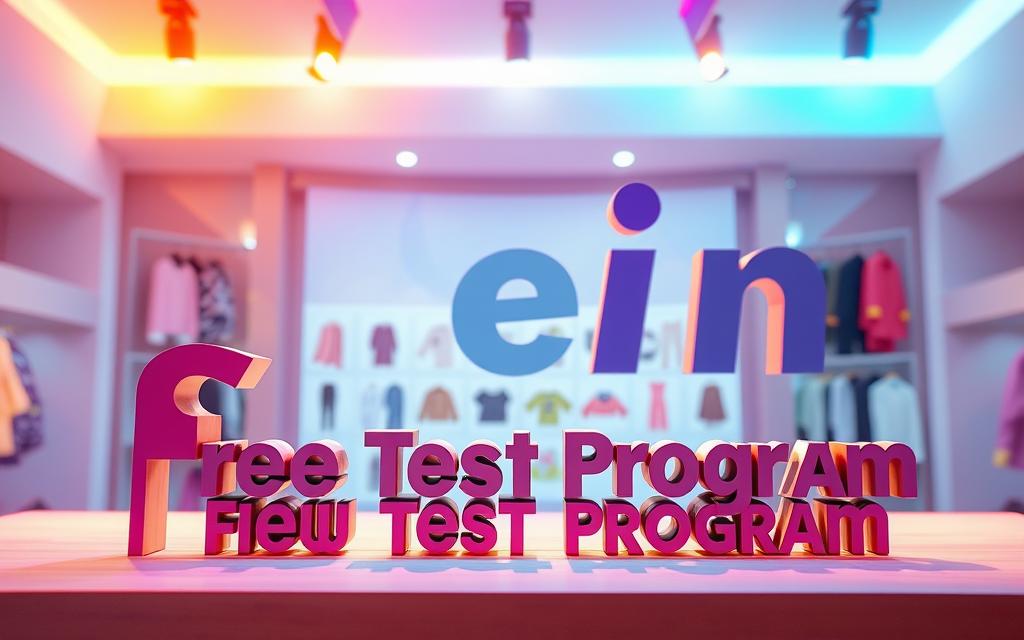 A vibrant, colorful display showcasing the "Shein Free Test Program" logo and key details. The foreground features the program's name rendered in a modern, eye-catching typeface with a playful, inviting aesthetic. The middle ground depicts a grid of product images, suggesting the variety of items available for free testing. The background is a soft, gradient-based environment, creating a sense of depth and emphasizing the program's offering. Warm lighting from multiple angles casts a welcoming glow, and the overall composition is balanced, dynamic, and designed to capture the viewer's attention. The image conveys the excitement and accessibility of Shein's free testing opportunity.