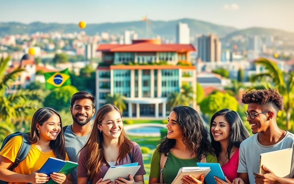A vibrant, colorful scene depicting the benefits for students in Brazil. In the foreground, a group of diverse students smile and engage in lively discussions, surrounded by symbols of educational resources such as books, laptops, and stationery. In the middle ground, a stylized representation of a university campus or school building, with modern architecture and lush greenery. The background features a cityscape, showcasing the urban environment in which these educational opportunities are situated. The lighting is warm and inviting, creating a sense of optimism and opportunity. The overall composition conveys the idea of a supportive and enriching educational experience for students in Brazil.