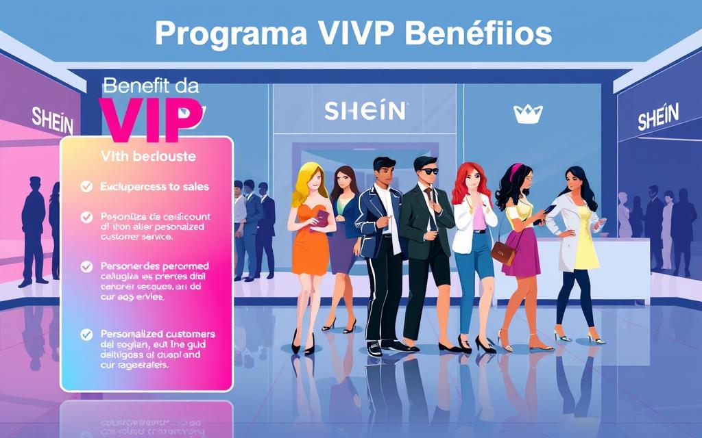 A vibrant, glossy, and visually captivating illustration of the "Programa VIP Shein Benefícios" program. In the foreground, a stylized, contemporary graphic design showcases the key benefits and features of the VIP program, such as exclusive discounts, early access to sales, and personalized customer service. The middle ground features a group of diverse, stylishly dressed individuals, representing the target audience, engaged with the program and enjoying its perks. The background portrays a sleek, minimalist setting, with subtle brand elements and a clean, modern aesthetic to reinforce the premium nature of the VIP offering. The overall composition and color palette convey a sense of sophistication, luxury, and a premium shopping experience.