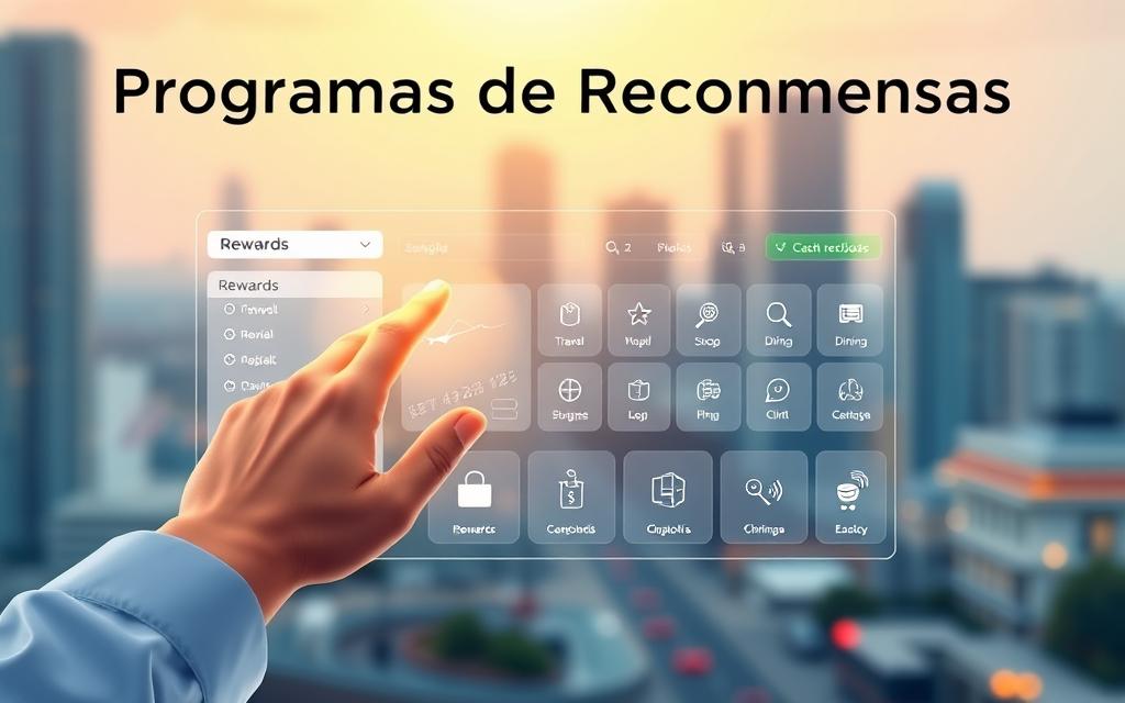 A vibrant illustration of "Programas de Recompensas", depicting a sleek, modern interface with a clean, minimalist design. In the foreground, a user's hand hovers over a digital rewards dashboard, showcasing various rewards and cashback options. The middle ground features a collection of icons representing different reward program categories, such as travel, shopping, and dining. In the background, a soft, blurred cityscape sets the scene, conveying a sense of urban sophistication. The lighting is warm and inviting, with subtle highlights accentuating the interface elements. The overall atmosphere is one of efficiency, convenience, and the opportunity to maximize the benefits of reward programs.