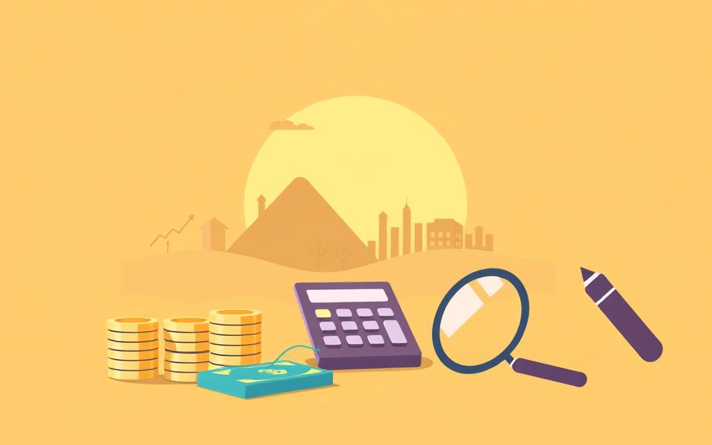 A well-lit, minimalist illustration depicting the concept of "Investimentos para Iniciantes". In the foreground, a stack of coins, a calculator, and a magnifying glass suggest the financial aspects of investing. The middle ground features a serene, geometric landscape with simplified shapes representing various investment options such as stocks, bonds, and real estate. The background showcases a warm, golden-hued sky, conveying a sense of opportunity and growth. The overall composition is clean, modern, and visually engaging, reflecting the accessible and approachable nature of the investment topic.