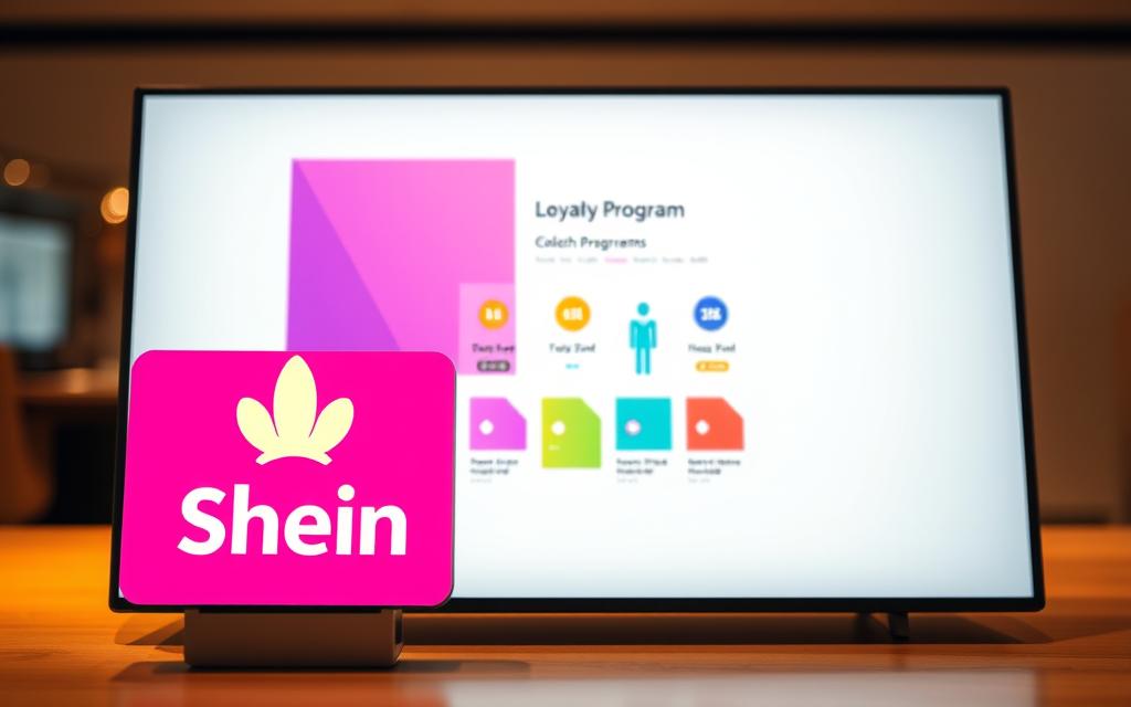Shein loyalty program logo displayed on a sleek, modern interface. The foreground features the Shein brand name and a stylized star or reward icon, rendered in a vibrant, eye-catching palette. The middle ground showcases various reward tiers or milestones, represented by colorful, geometric shapes. The background depicts a minimalist, gradient-based design, creating a sense of depth and sophistication. Warm, balanced lighting casts subtle shadows, emphasizing the program's clean, premium aesthetic. The overall composition conveys a rewarding, user-friendly experience for Shein customers.